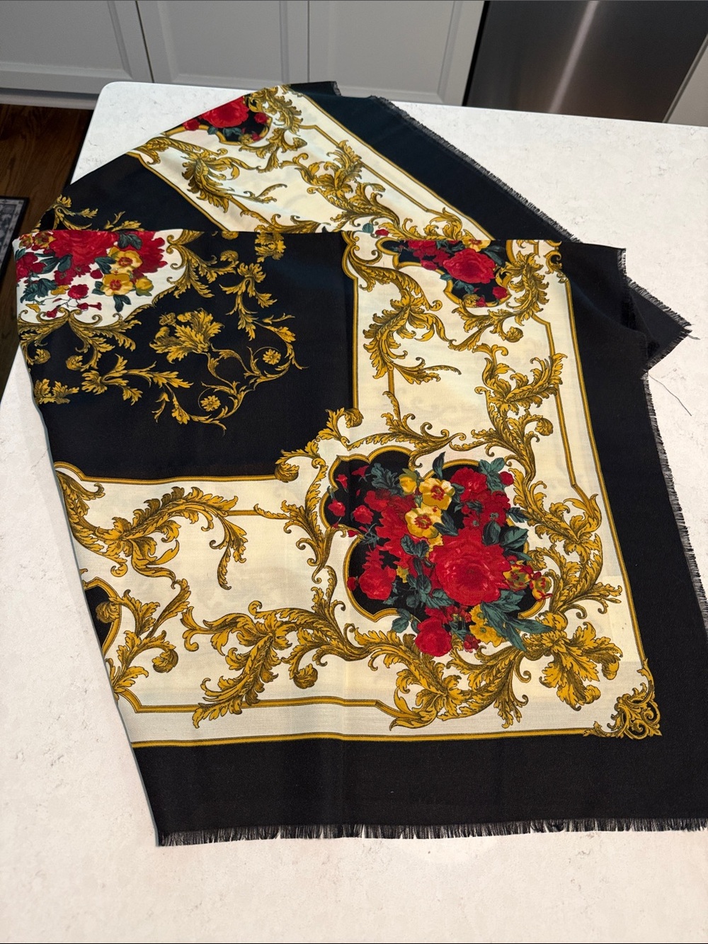 Vintage 80s Elaine Gold Italian Scarf Baroque Gold Scroll & Red Floral Bouquet